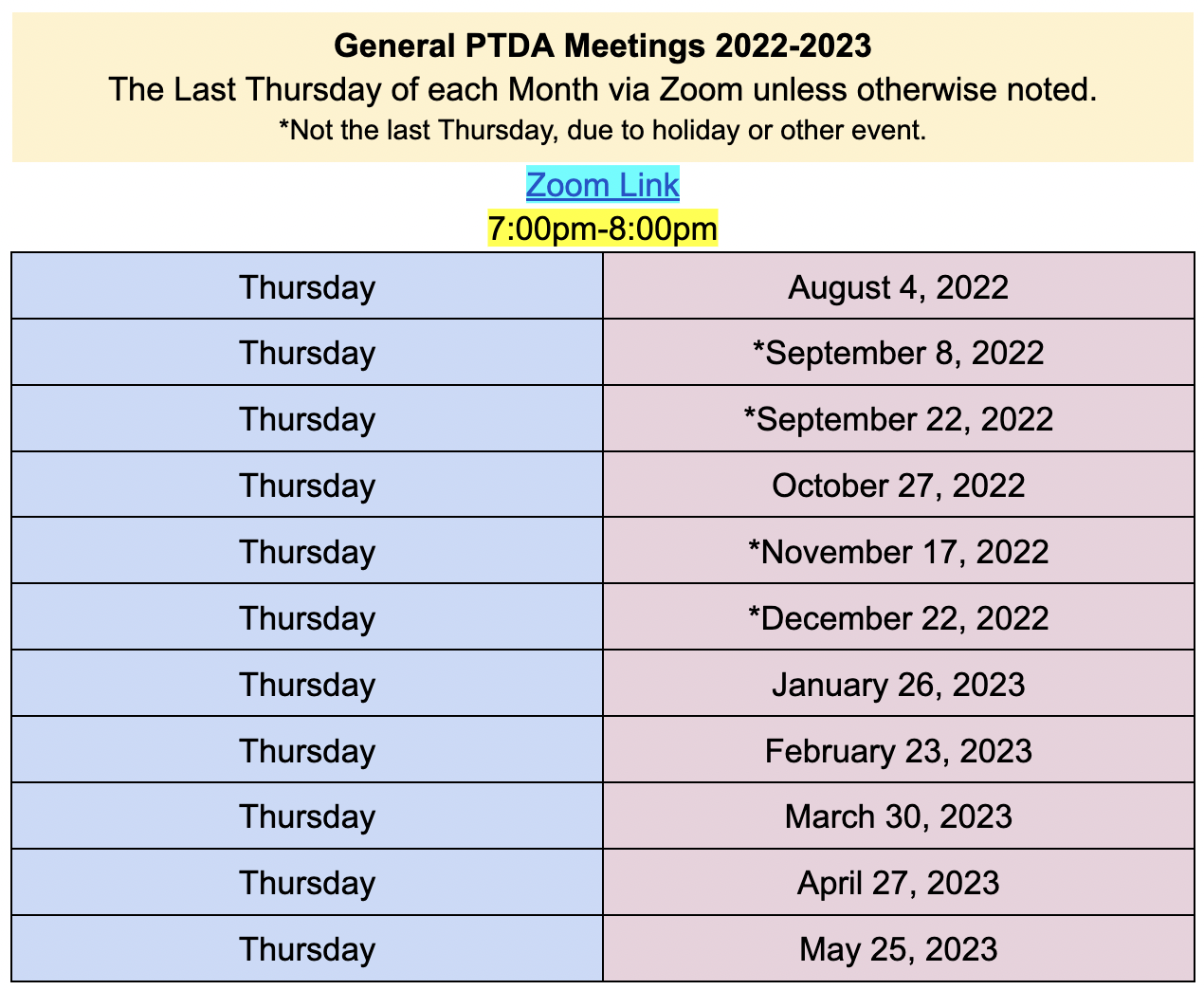 PTDA Meeting Dates