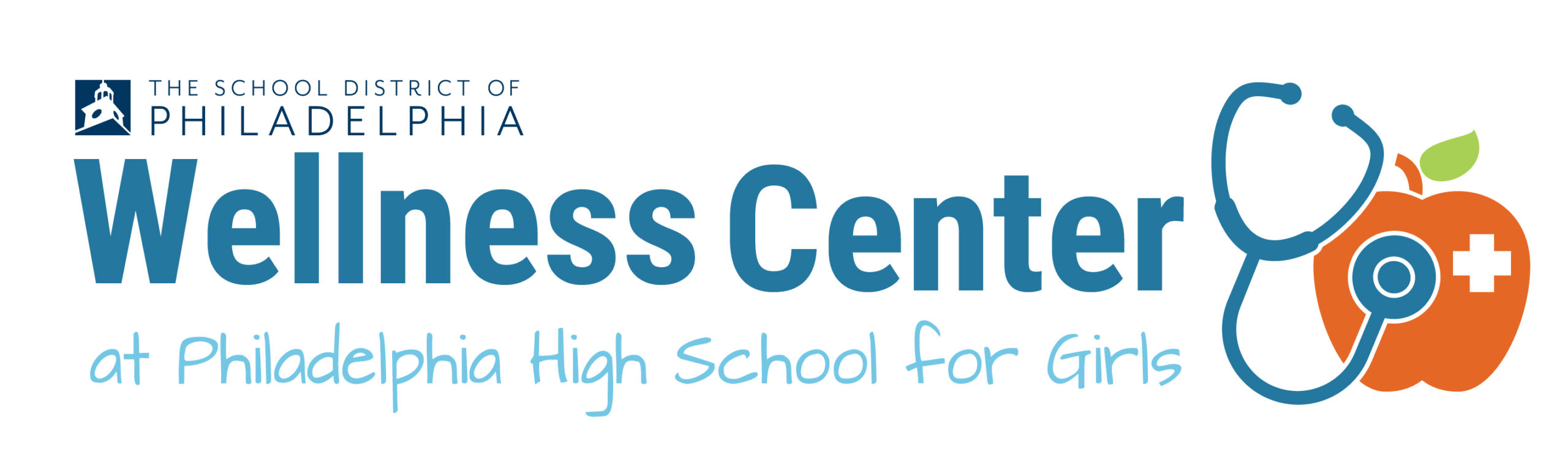 Logo for the Wellness Center at Philadelphia High School for Girls, featuring The School District of Philadelphia name, stylized text, and an apple with a stethoscope